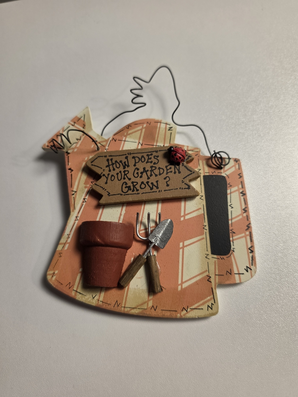 Painted Wood Watering Can with Wire "How Does Your Garden Grow?" Decoration